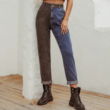 Två Tonig Kvinna Denim Byxor 2021 Multi Färger Patchwork Casual Ankellång Bottoms