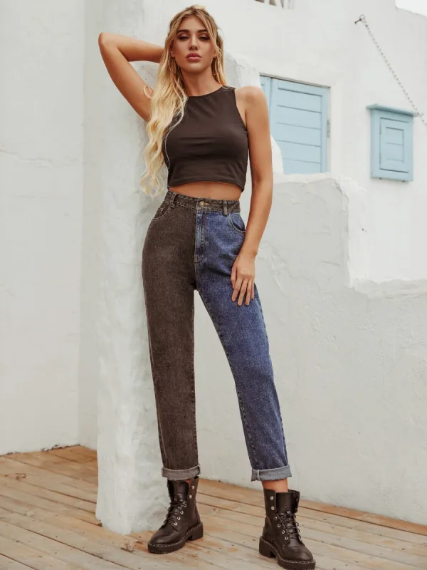 Two Tone Women Denim Pants 2021 Multi-Colors Patchwork Casual Ankle Length Bottoms