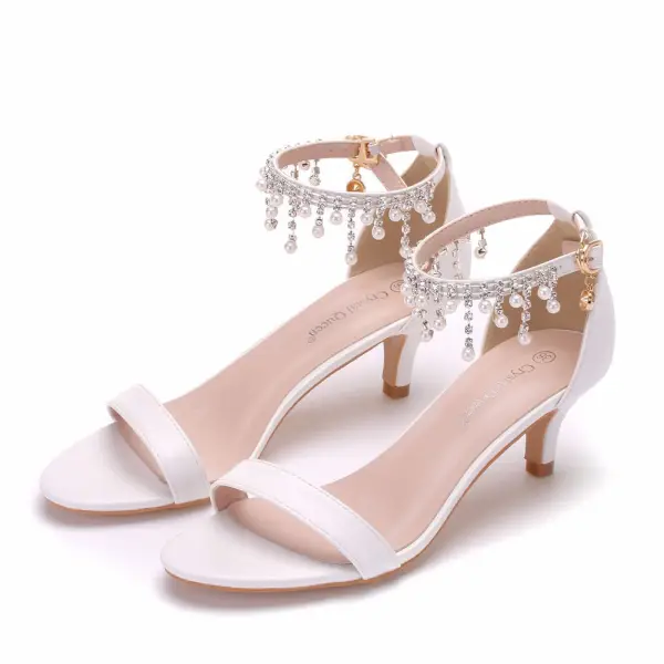 Chic / Beautiful White Pearl Rhinestone Tassel Wedding Shoes 2023 5 cm Stiletto Heels Ankle Strap Open / Peep Toe Wedding Sandals High Heels