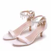 Chic / Beautiful White Pearl Rhinestone Tassel Wedding Shoes 2023 5 cm Stiletto Heels Ankle Strap Open / Peep Toe Wedding Sandals High Heels