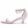 Chic / Beautiful White Pearl Rhinestone Tassel Wedding Shoes 2023 5 cm Stiletto Heels Ankle Strap Open / Peep Toe Wedding Sandals High Heels
