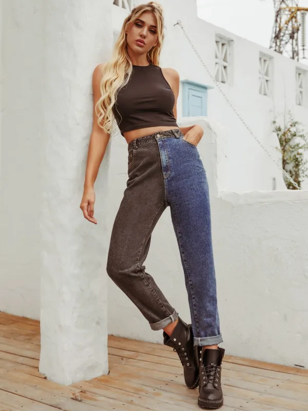 Two Tone Women Denim Pants 2021 Multi-Colors Patchwork Casual Ankle Length Bottoms