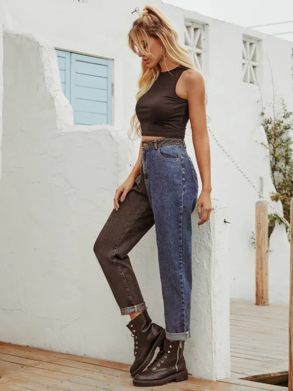 Two Tone Women Denim Pants 2021 Multi-Colors Patchwork Casual Ankle Length Bottoms