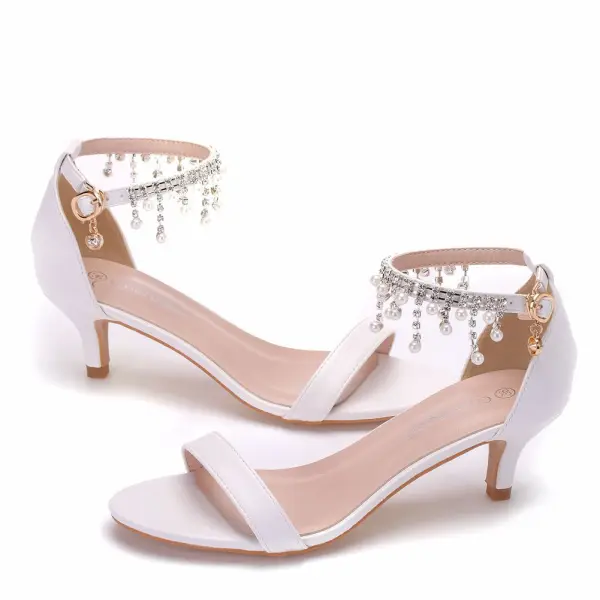 Chic / Beautiful White Pearl Rhinestone Tassel Wedding Shoes 2023 5 cm Stiletto Heels Ankle Strap Open / Peep Toe Wedding Sandals High Heels