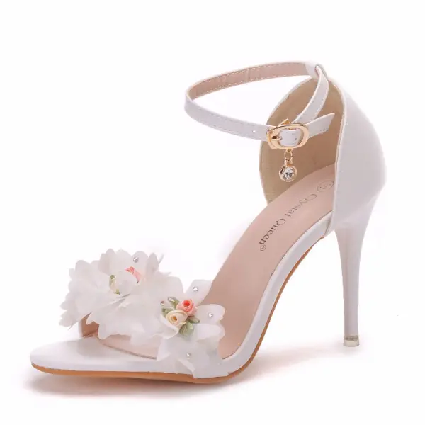 Fashion Summer White Appliques Ankle Strap Outdoor / Garden Womens Sandals 2023 9 cm Stiletto Heels Open / Peep Toe Sandals High Heels