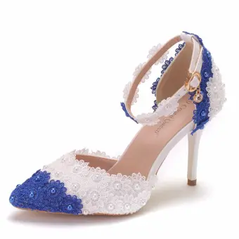 Elegant Two Tone White Pearl Lace Flower Prom Womens Sandals 9 Cm Stiletto Heels Pointed Toe High Heels