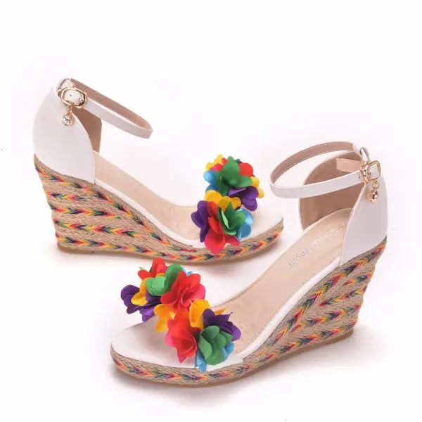Chic / Beautiful Multi-Colors Appliques White Braid Street Wear Womens Sandals 2025 9 cm Wedges Open / Peep Toe Sandals High Heels