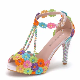 Fashion Multi Colors Rhinestone Lace Flower Wedding Shoes 2023 Pearl T Strap 10 Cm Stiletto Heels Open Peep Toe Wedding Sandals High Heels