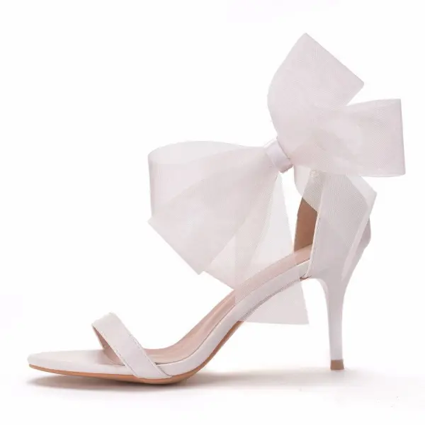 Sexy Blanche Bride Cheville Noeud Été Promo Sandales Femme 2023 7 cm Talons Aiguilles Talons Hauts Peep Toes / Bout Ouvert Sandales