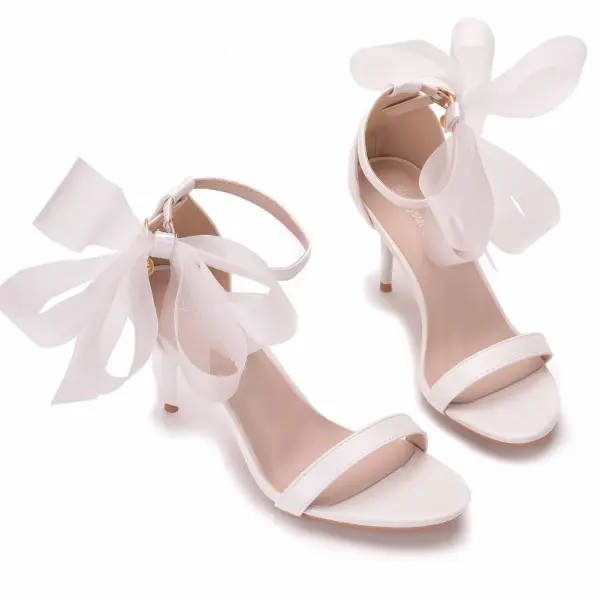Sexy Blanche Bride Cheville Noeud Été Promo Sandales Femme 2023 7 cm Talons Aiguilles Talons Hauts Peep Toes / Bout Ouvert Sandales