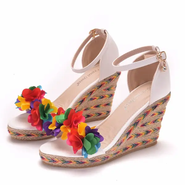 Chic / Beautiful Multi-Colors Appliques White Braid Street Wear Womens Sandals 2025 9 cm Wedges Open / Peep Toe Sandals High Heels