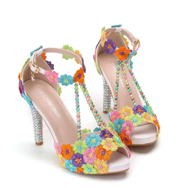 Fashion Multi-Colors Rhinestone Lace Flower Wedding Shoes 2023 Pearl T-Strap 10 cm Stiletto Heels Open / Peep Toe Wedding Sandals High Heels