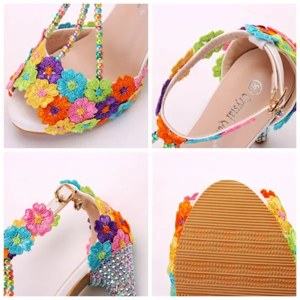Fashion Multi-Colors Rhinestone Lace Flower Wedding Shoes 2023 Pearl T-Strap 10 cm Stiletto Heels Open / Peep Toe Wedding Sandals High Heels