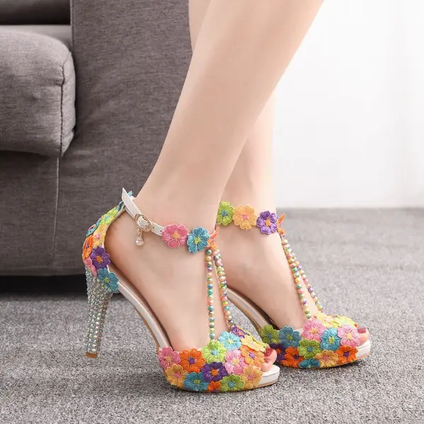 Fashion Multi-Colors Rhinestone Lace Flower Wedding Shoes 2023 Pearl T-Strap 10 cm Stiletto Heels Open / Peep Toe Wedding Sandals High Heels