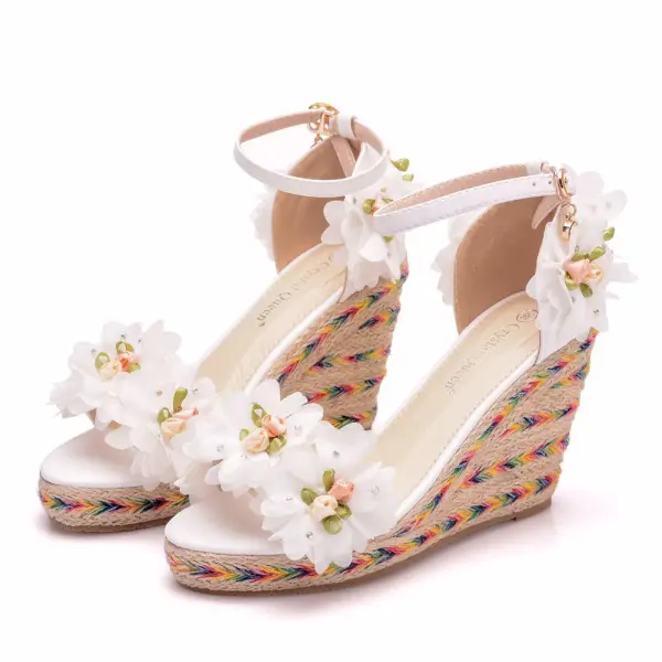 Schöne Weiß Applikationen Knöchelriemen Ball Sandalen Damen 2025 9 cm Keilabsatz Peeptoes Sandaletten Hochhackige