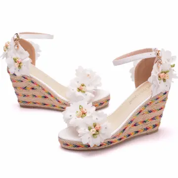 Chic Belle Blanche Appliques Bride Cheville Promo Sandales Femme 2025 9 Cm Compensées Peep Toes Bout Ouvert Sandales Talons Hauts