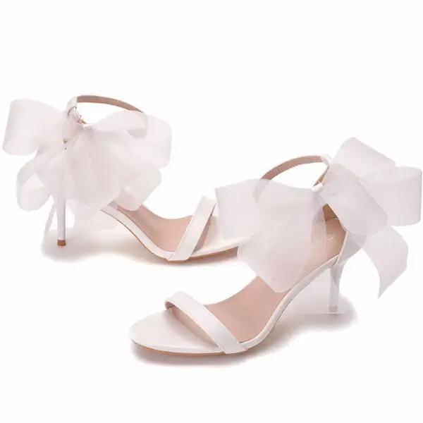 Sexy Blanche Bride Cheville Noeud Été Promo Sandales Femme 2023 7 cm Talons Aiguilles Talons Hauts Peep Toes / Bout Ouvert Sandales