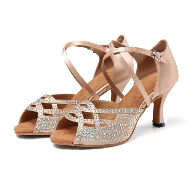 Schöne Champagner Strass Latein Tanzschuhe 2022 X-Riemen 7 cm Stilettos Peeptoes Ball Sandaletten Hochhackige