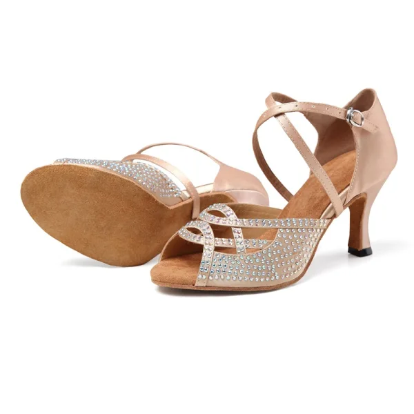Schöne Champagner Strass Latein Tanzschuhe 2022 X-Riemen 7 cm Stilettos Peeptoes Ball Sandaletten Hochhackige