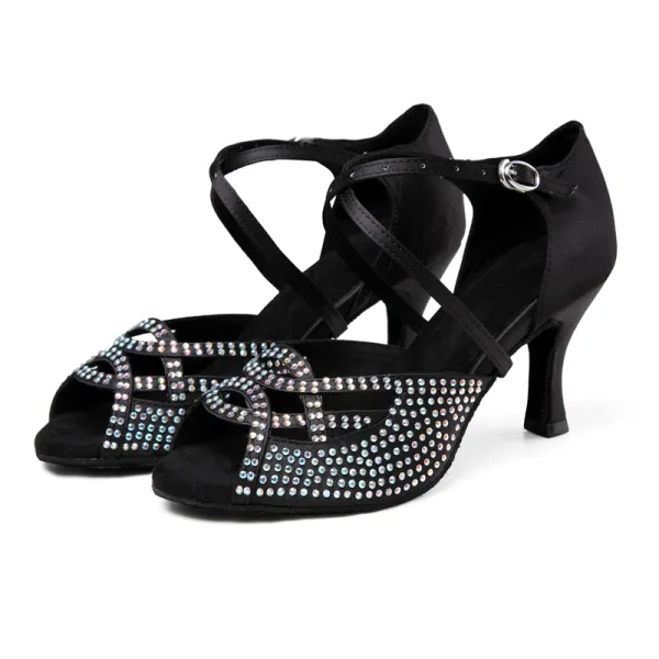 Schöne Champagner Strass Latein Tanzschuhe 2022 X-Riemen 7 cm Stilettos Peeptoes Ball Sandaletten Hochhackige