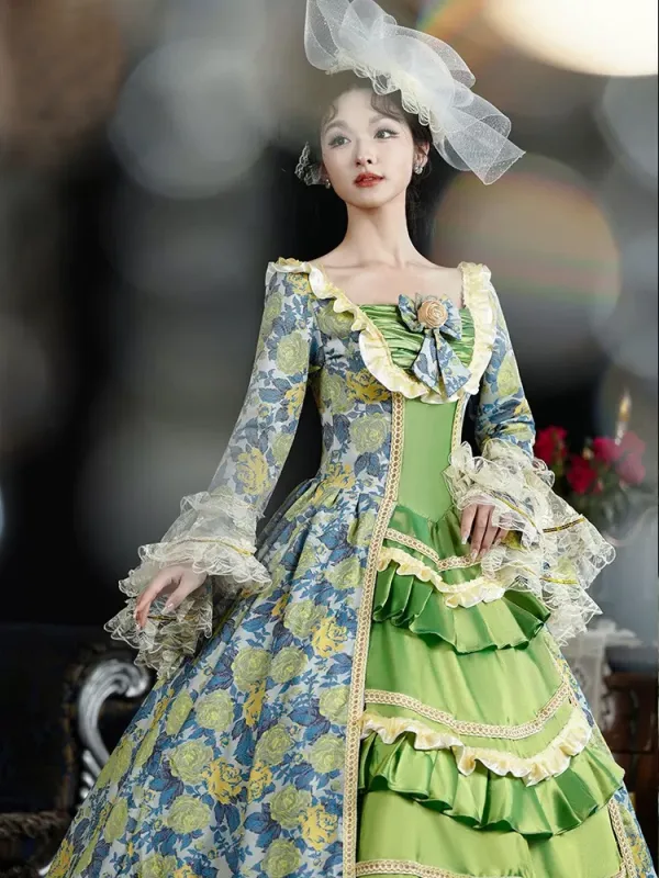 Vintage / Retro Medieval Lime Green Floral Prom Dresses 2024 Printing  Floor-Length / Long Lace Cosplay Long