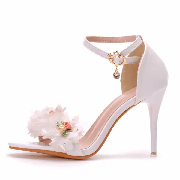 Fashion Summer White Appliques Ankle Strap Outdoor / Garden Womens Sandals 2023 9 cm Stiletto Heels Open / Peep Toe Sandals High Heels