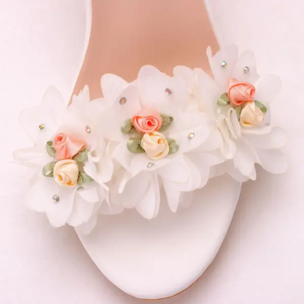 Fashion Summer White Appliques Ankle Strap Outdoor / Garden Womens Sandals 2023 9 cm Stiletto Heels Open / Peep Toe Sandals High Heels