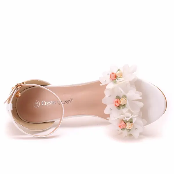 Fashion Summer White Appliques Ankle Strap Outdoor / Garden Womens Sandals 2023 9 cm Stiletto Heels Open / Peep Toe Sandals High Heels