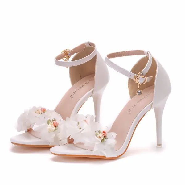 Fashion Summer White Appliques Ankle Strap Outdoor / Garden Womens Sandals 2023 9 cm Stiletto Heels Open / Peep Toe Sandals High Heels
