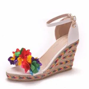Chic Beautiful Multi Colors Appliques White Braid Street Wear Womens Sandals 2025 9 Cm Wedges Open Peep Toe Sandals High Heels