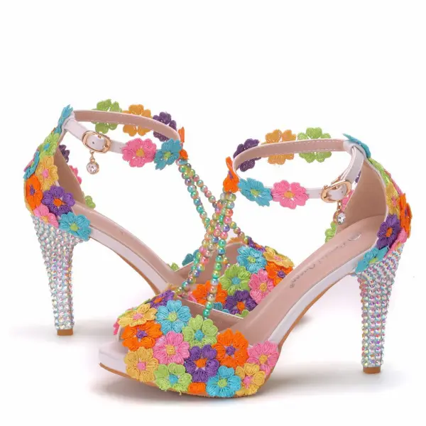 Fashion Multi-Colors Rhinestone Lace Flower Wedding Shoes 2023 Pearl T-Strap 10 cm Stiletto Heels Open / Peep Toe Wedding Sandals High Heels