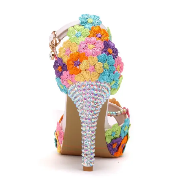 Fashion Multi-Colors Rhinestone Lace Flower Wedding Shoes 2023 Pearl T-Strap 10 cm Stiletto Heels Open / Peep Toe Wedding Sandals High Heels