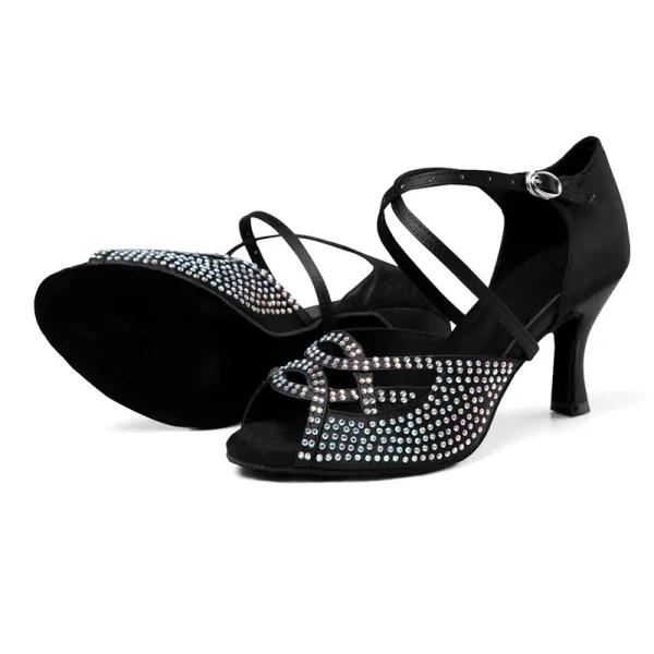 Schöne Champagner Strass Latein Tanzschuhe 2022 X-Riemen 7 cm Stilettos Peeptoes Ball Sandaletten Hochhackige