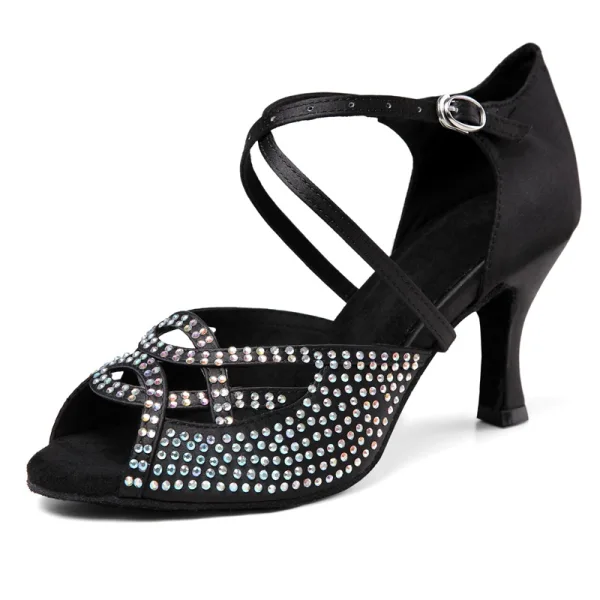 Schöne Champagner Strass Latein Tanzschuhe 2022 X-Riemen 7 cm Stilettos Peeptoes Ball Sandaletten Hochhackige