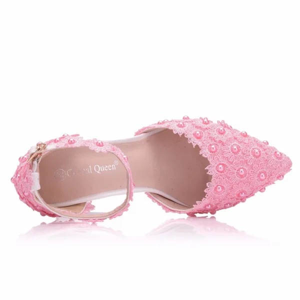 Élégant Blanche Perle En Dentelle Fleur Chaussure De Mariée 2023 Bride Cheville 9 cm Talons Aiguilles À Bout Pointu Mariage Talons Hauts