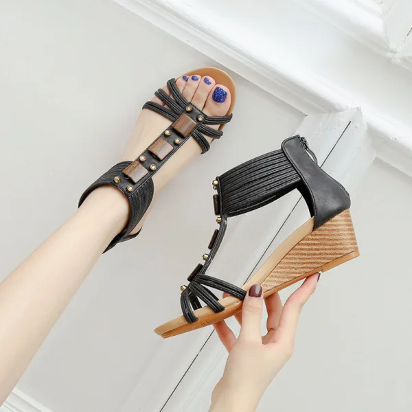 Roman Black Street Wear Womens Sandals 2022 T-Strap 5 cm Wedges Open / Peep Toe Sandals