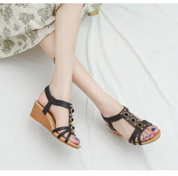 Sexy Sky Blue Street Wear Pearl T-Strap Womens Sandals 2022 5 cm Wedges Open / Peep Toe Sandals