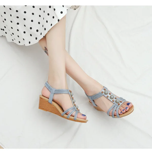 Sexy Sky Blue Street Wear Pearl T-Strap Womens Sandals 2022 5 cm Wedges Open / Peep Toe Sandals