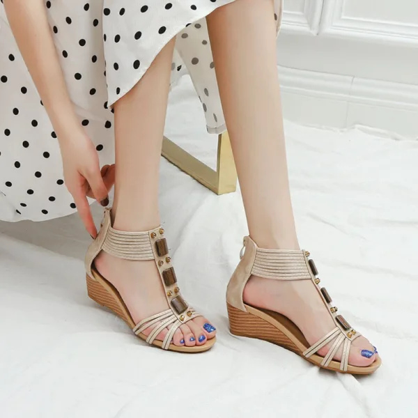 Roman Black Street Wear Womens Sandals 2022 T-Strap 5 cm Wedges Open / Peep Toe Sandals