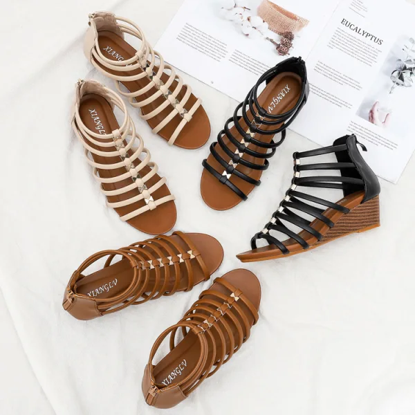 Vintage / Retro Roman Summer Brown Street Wear Womens Sandals 2022 5 cm Wedges T-Strap Open / Peep Toe Sandals