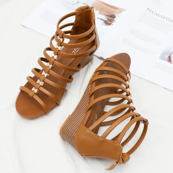 Vintage / Retro Roman Summer Brown Street Wear Womens Sandals 2022 5 cm Wedges T-Strap Open / Peep Toe Sandals