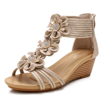 Bohemia Beige Street Wear Summer Womens Sandals 2022 T Strap Flower 5 Cm Wedges Open Peep Toe Sandals