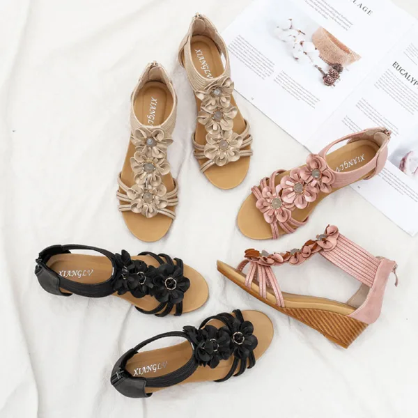 Bohemia Beige Street Wear Summer Womens Sandals 2022 T-Strap Flower 5 cm Wedges Open / Peep Toe Sandals