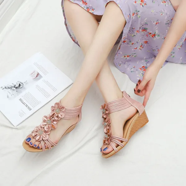 Bohemia Beige Street Wear Summer Womens Sandals 2022 T-Strap Flower 5 cm Wedges Open / Peep Toe Sandals