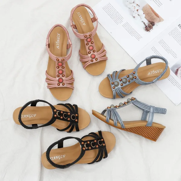 Sexy Sky Blue Street Wear Pearl T-Strap Womens Sandals 2022 5 cm Wedges Open / Peep Toe Sandals
