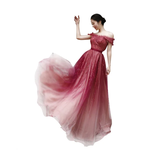 Chic / Beautiful Burgundy Handmade Beading Evening Dresses 2022 A-Line / Princess Off-The-Shoulder Short Sleeve Sash Backless Floor-Length / Long Formal Dresses