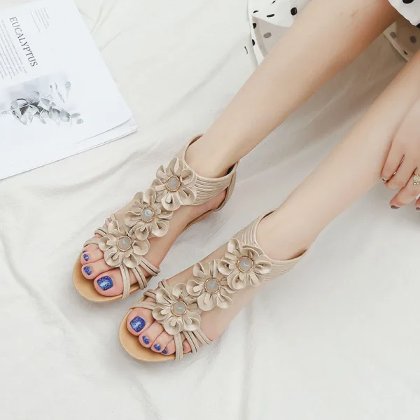 Bohemia Beige Street Wear Summer Womens Sandals 2022 T-Strap Flower 5 cm Wedges Open / Peep Toe Sandals