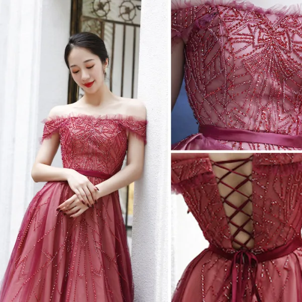 Chic / Beautiful Burgundy Handmade Beading Evening Dresses 2022 A-Line / Princess Off-The-Shoulder Short Sleeve Sash Backless Floor-Length / Long Formal Dresses