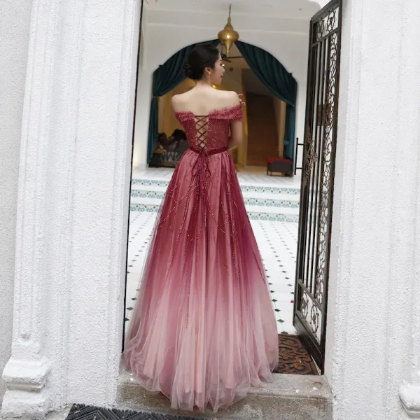 Chic / Beautiful Burgundy Handmade Beading Evening Dresses 2022 A-Line / Princess Off-The-Shoulder Short Sleeve Sash Backless Floor-Length / Long Formal Dresses