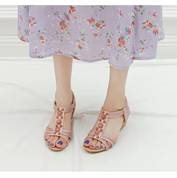 Sexy Sky Blue Street Wear Pearl T-Strap Womens Sandals 2022 5 cm Wedges Open / Peep Toe Sandals